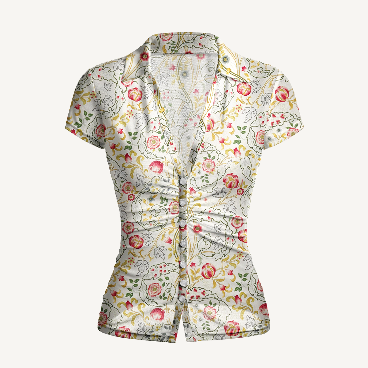 V-Neck Short Sleeve Peony Vine Garden Print Mesh Top
