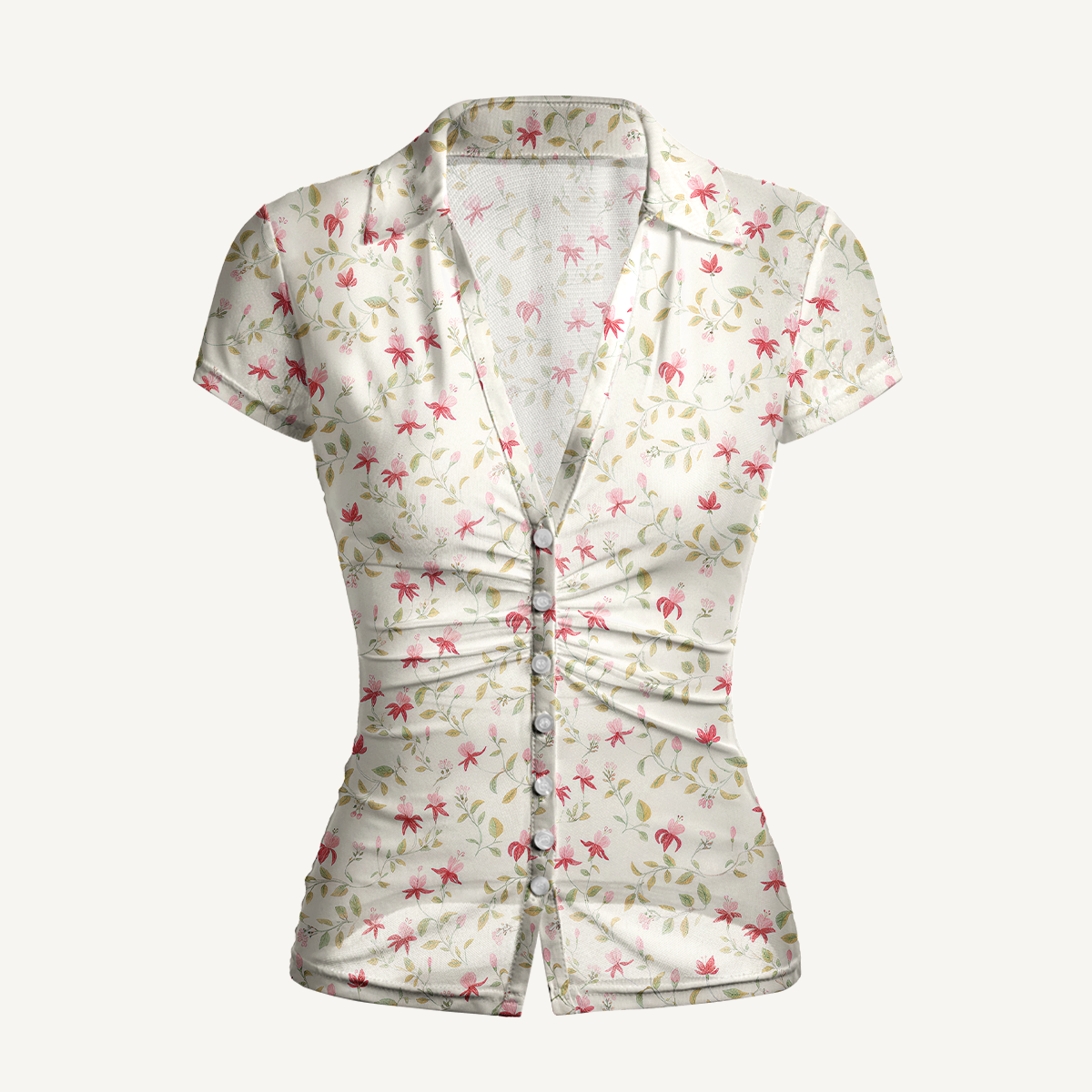 V-Neck Short Sleeve Ruby Vine Print Mesh Top