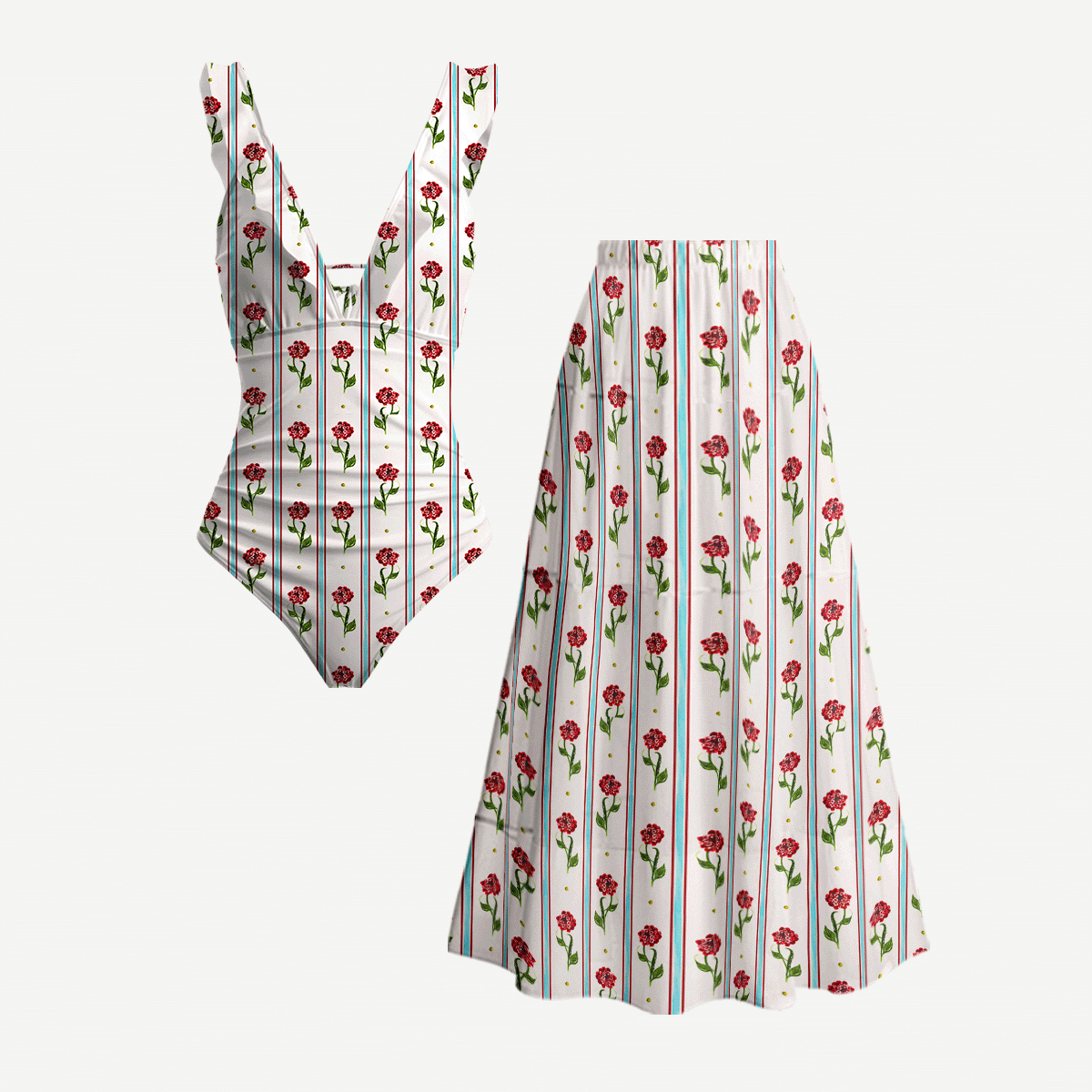 Crimson Dianthus Ruffled V Neck One Piece Swimsuit and Matching Midi Skirt Set